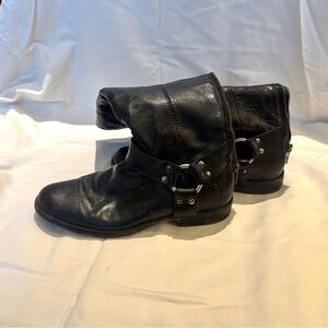 Frye Black Leather Tall Boots with Buckle Detail